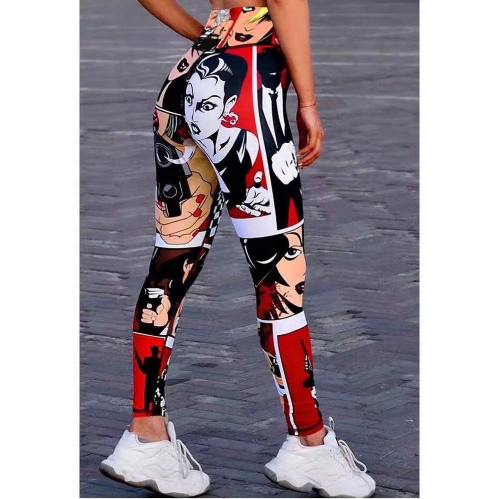 Pop Art Comic Book Noir Graphic Leggings Red Black White High Waist Medium